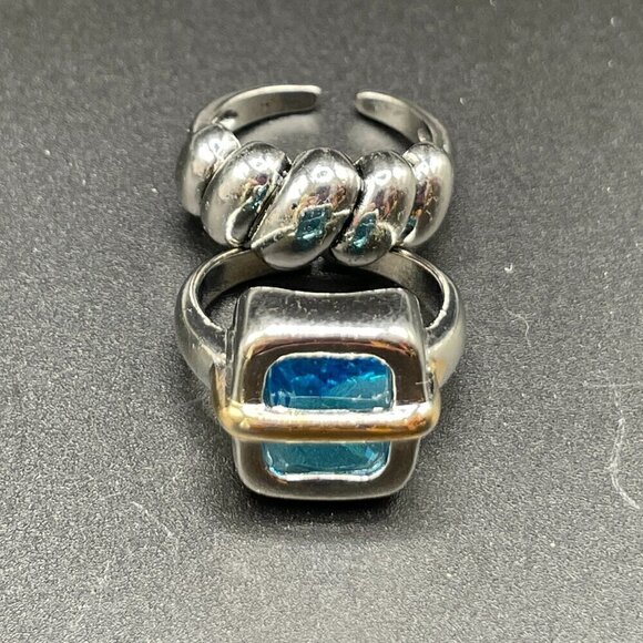 TWO RING SET Adjustable Silver Tone Faux Blue Zircon and Wrap Rings (#1367) - Picture 12 of 16